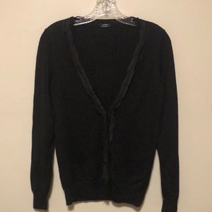 J Crew- twist on classic black cardigan with stitched silk ribbon